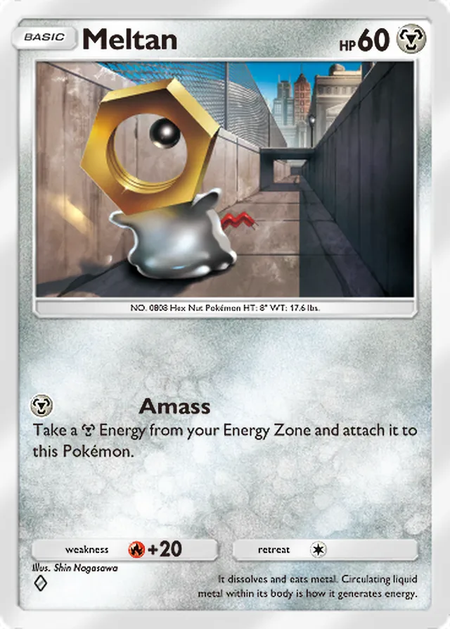 Meltan, Genetic Apex #181, Basic Metal Pokémon, illustrated by Shin Nagasawa