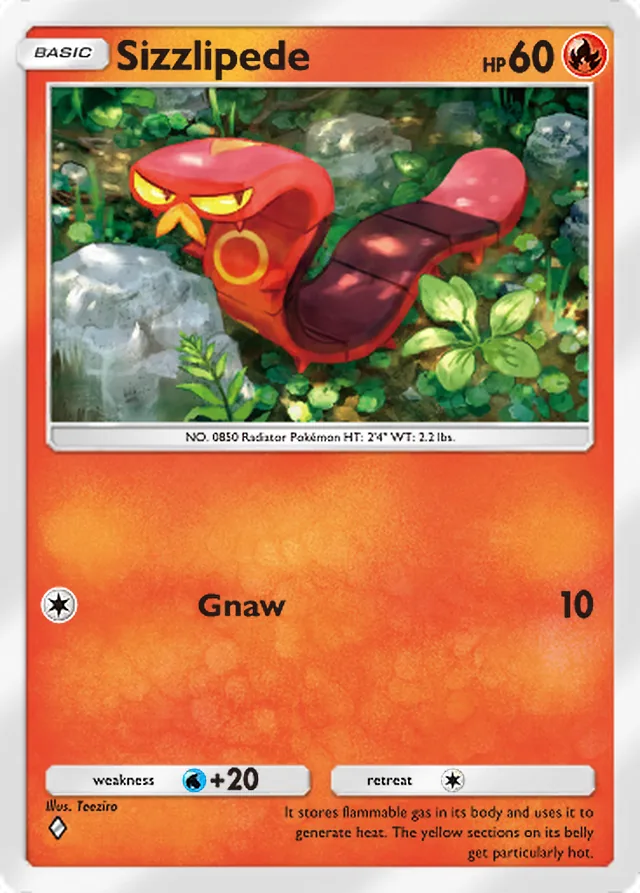 Sizzlipede, Genetic Apex #051, Basic Fire Pokémon, illustrated by Teeziro