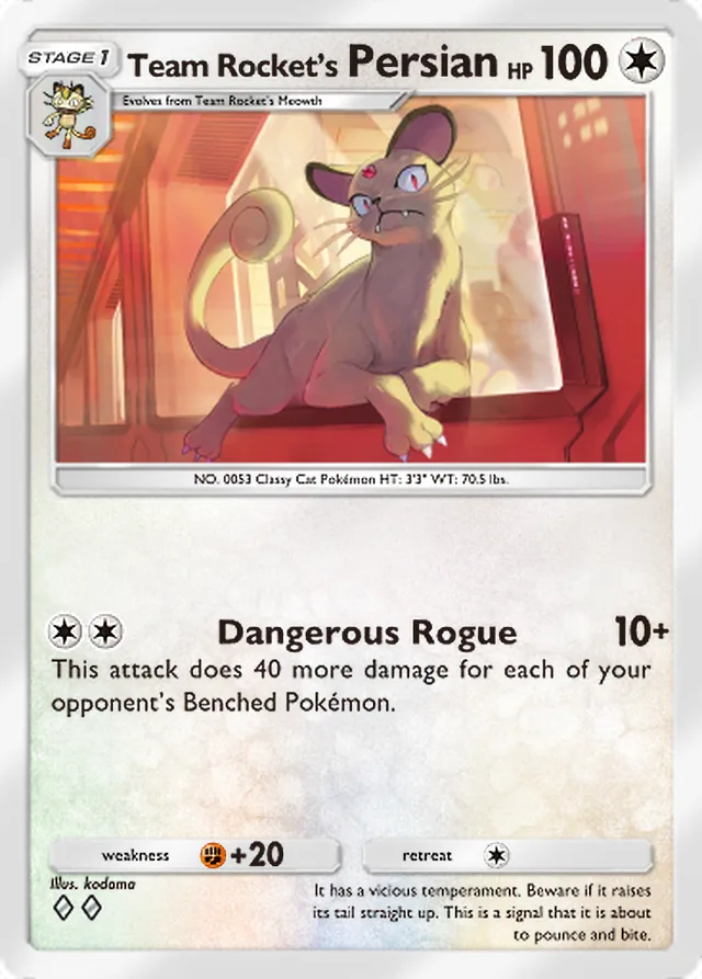Team Rocket’s Persian, Team Rocket’s Ambition #061, Stage 1 Colorless Pokémon, illustrated by kodama