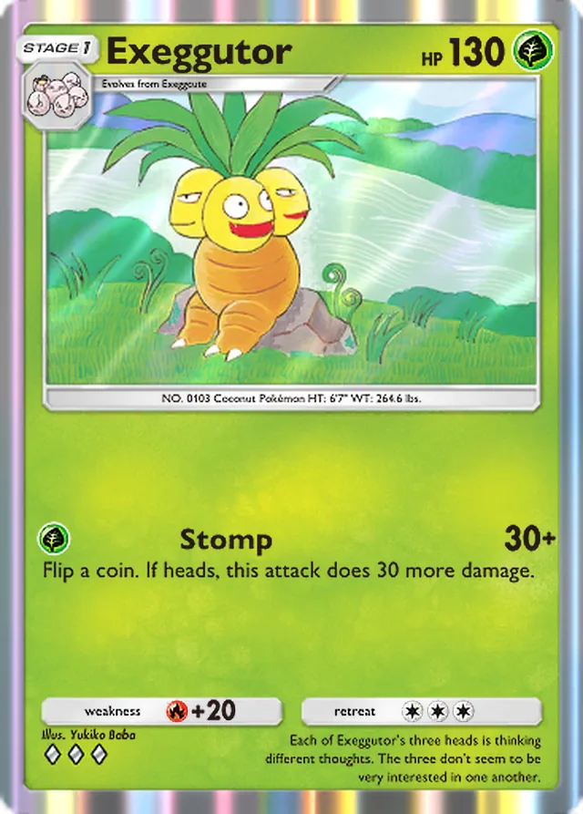 Exeggutor, Genetic Apex #022, Stage 1 Grass Pokémon, illustrated by Yukiko Baba