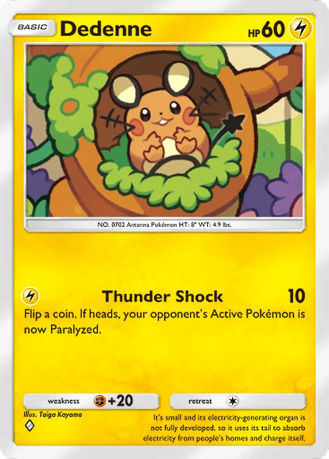 Dedenne, Mythical Island #030, Basic Lightning Pokémon, illustrated by Taiga Kayama