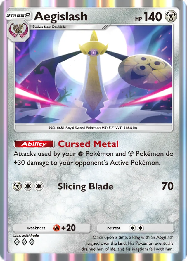 Aegislash, Mega Rising #172, Stage 2 Metal Pokémon, illustrated by miki kudo