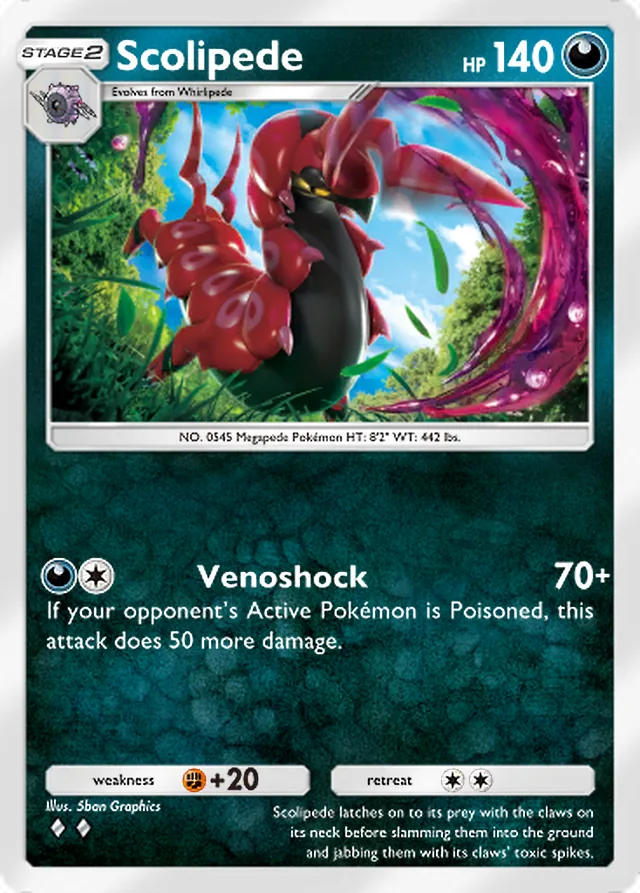 Scolipede, Mythical Island #055, Stage 2 Darkness Pokémon, illustrated by 5ban Graphics