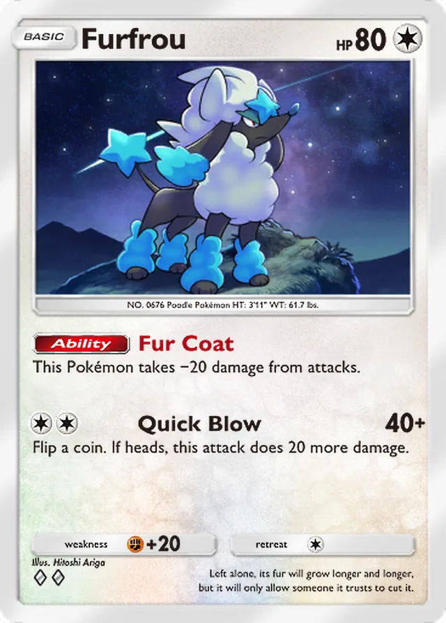 Furfrou, Mega Shine #064, Basic Colorless Pokémon, illustrated by Hitoshi Ariga