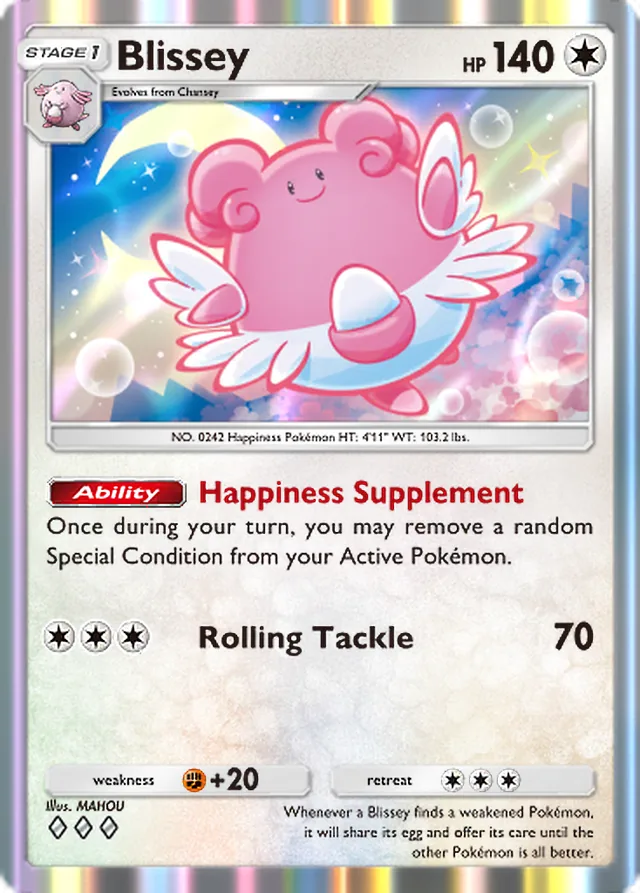 Blissey, Pulsing Aura #128, Stage 1 Colorless Pokémon, illustrated by MAHOU