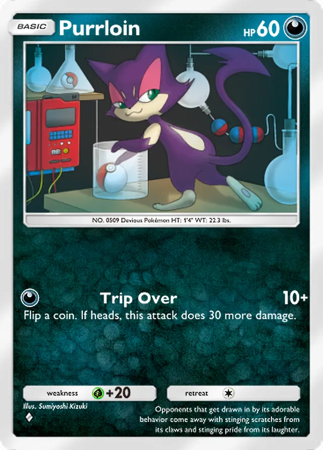 Purrloin, Crimson Blaze #047, Basic Darkness Pokémon, illustrated by Sumiyoshi Kizuki