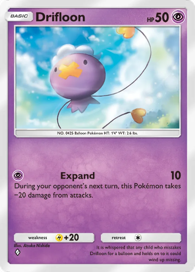 Drifloon, Space-Time Smackdown #073, Basic Psychic Pokémon, illustrated by Atsuko Nishida