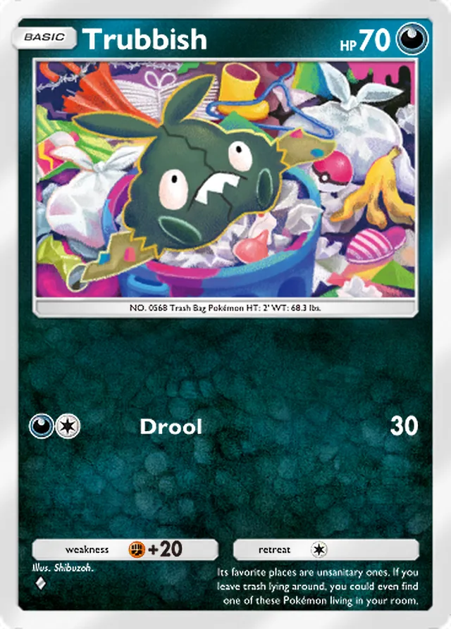 Trubbish, Crimson Blaze #049, Basic Darkness Pokémon, illustrated by Shibuzoh.
