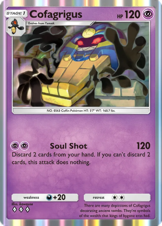 Cofagrigus, Mega Rising #111, Stage 1 Psychic Pokémon, illustrated by kawayoo