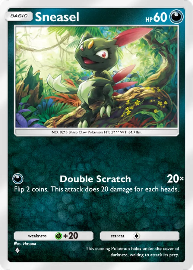 Sneasel, Space-Time Smackdown #098, Basic Darkness Pokémon, illustrated by Hasuno