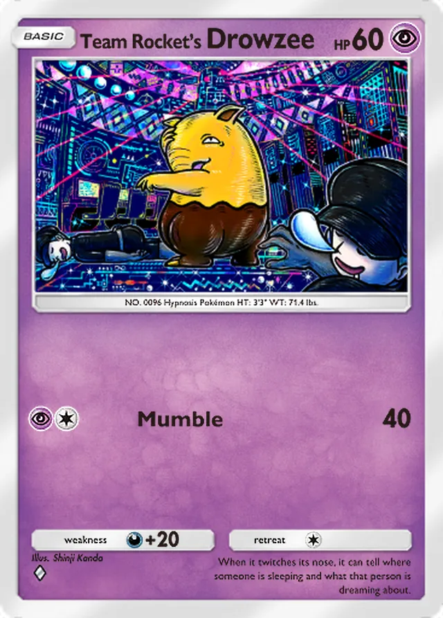 Team Rocket’s Drowzee, Team Rocket’s Ambition #027, Basic Psychic Pokémon, illustrated by Shinji Kanda