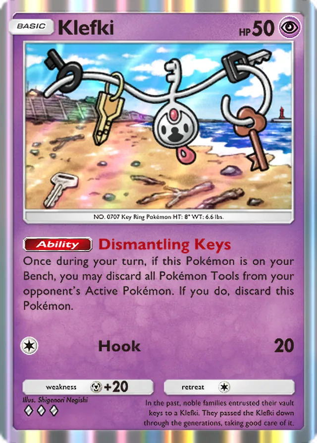 Klefki, Mega Rising #120, Basic Psychic Pokémon, illustrated by Shigenori Negishi