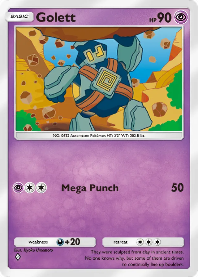 Golett, Genetic Apex #135, Basic Psychic Pokémon, illustrated by Kyoko Umemoto