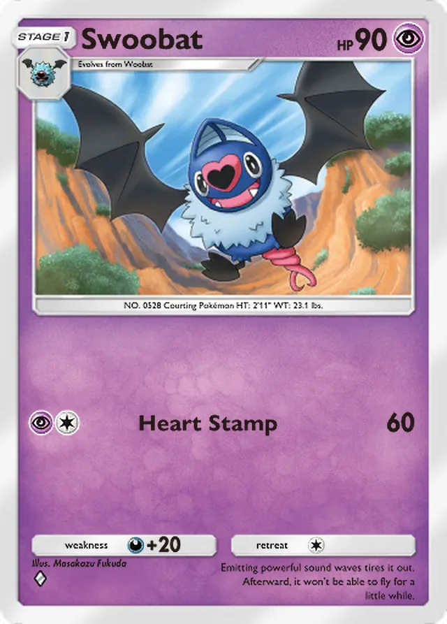 Swoobat, Genetic Apex #134, Stage 1 Psychic Pokémon, illustrated by Masakazu Fukuda