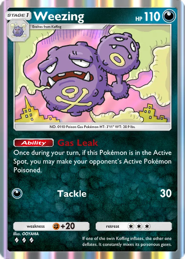 Weezing, Genetic Apex #177, Stage 1 Darkness Pokémon, illustrated by OOYAMA