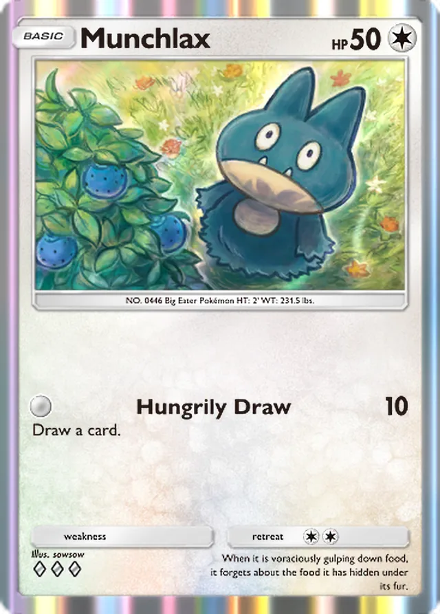 Munchlax, Everyday Wonders #054, Basic Colorless Pokémon, illustrated by sowsow