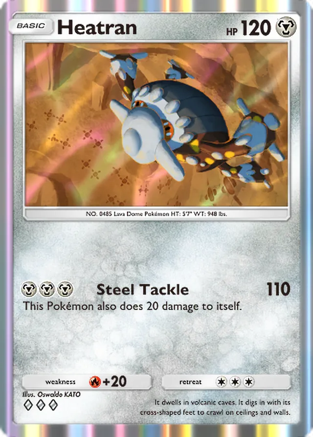 Heatran, Space-Time Smackdown #120, Basic Metal Pokémon, illustrated by Oswaldo KATO