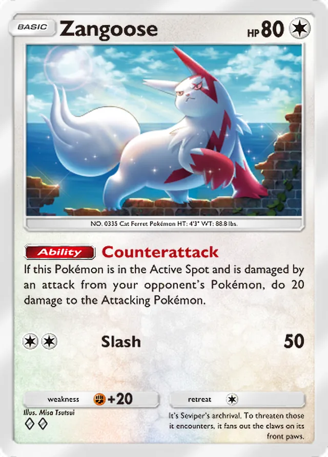 Zangoose, Secluded Springs #065, Basic Colorless Pokémon, illustrated by Misa Tsutsui