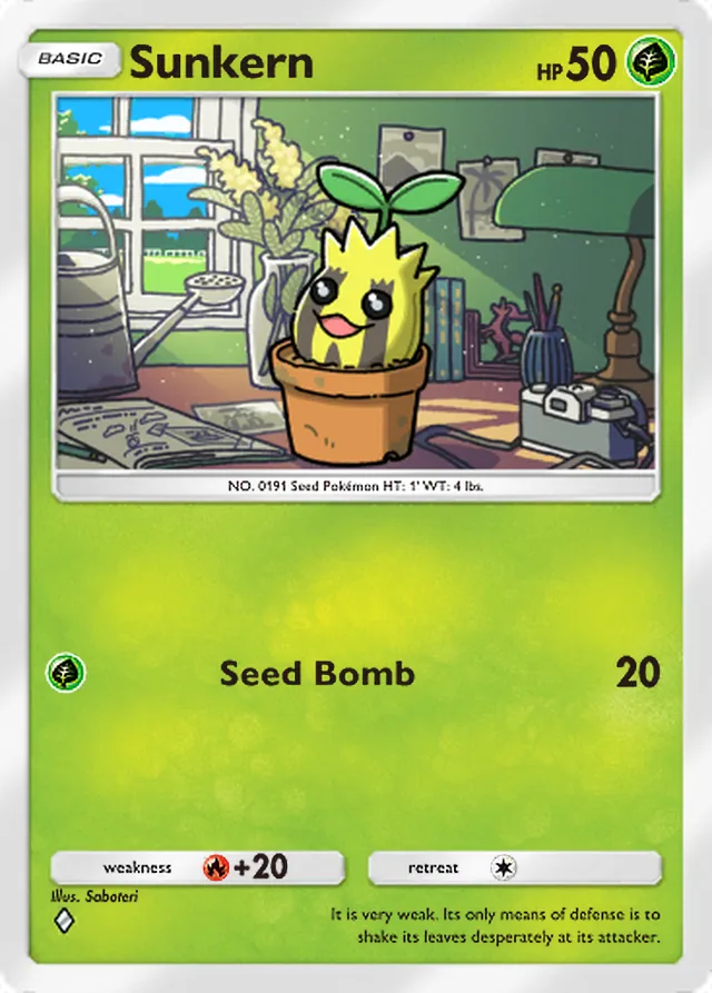 Sunkern, Crimson Blaze #007, Basic Grass Pokémon, illustrated by Saboteri