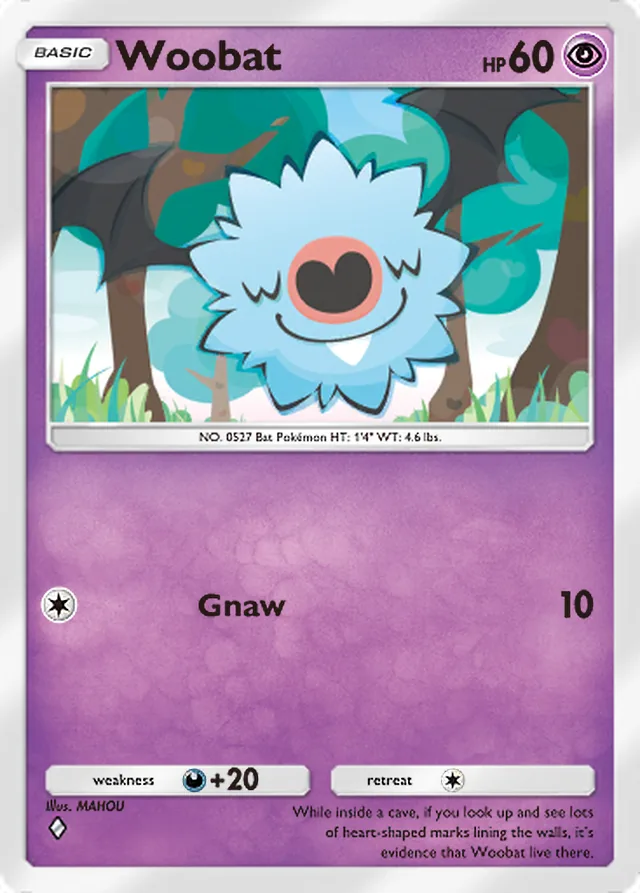 Woobat, Genetic Apex #133, Basic Psychic Pokémon, illustrated by MAHOU