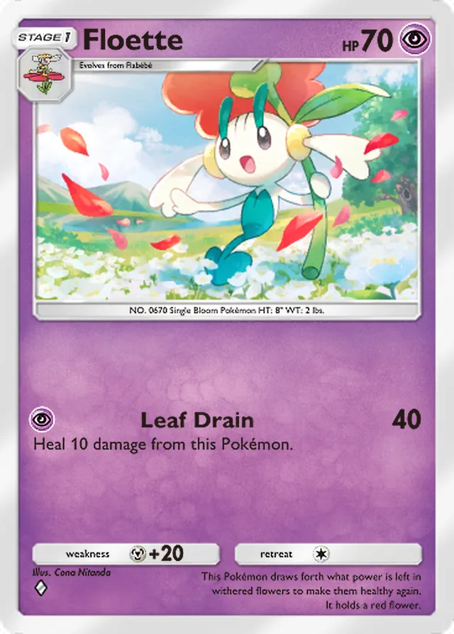 Floette, Mythical Island #037, Stage 1 Psychic Pokémon, illustrated by Cona Nitanda