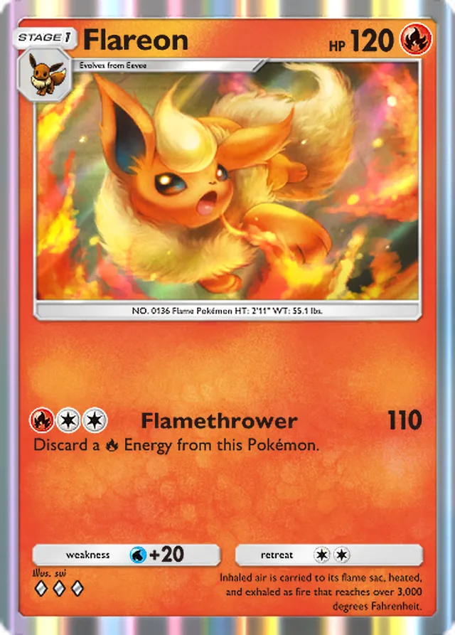 Flareon, Genetic Apex #045, Stage 1 Fire Pokémon, illustrated by sui