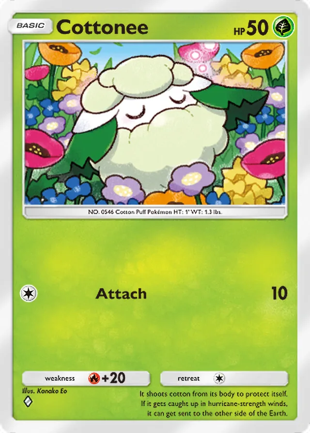 Cottonee, Genetic Apex #027, Basic Grass Pokémon, illustrated by Kanako Eo