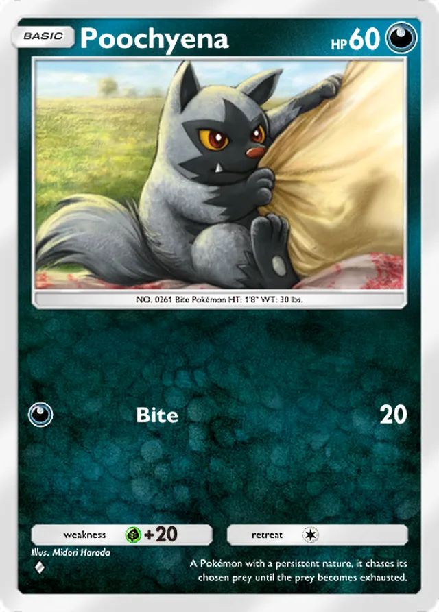 Poochyena, Space-Time Smackdown #100, Basic Darkness Pokémon, illustrated by Midori Harada