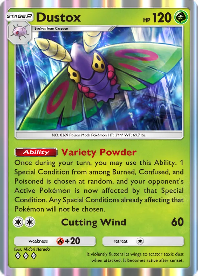 Dustox, Ruler of the Skies #005, Stage 2 Grass Pokémon, illustrated by Midori Harada