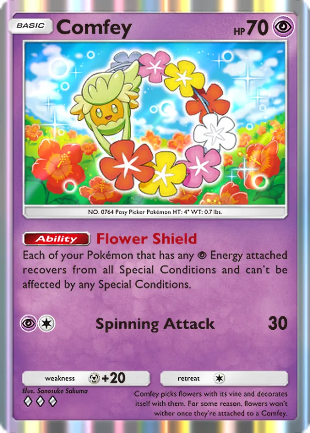 Comfey, Celestial Guardians #080, Basic Psychic Pokémon, illustrated by Sanosuke Sakuma