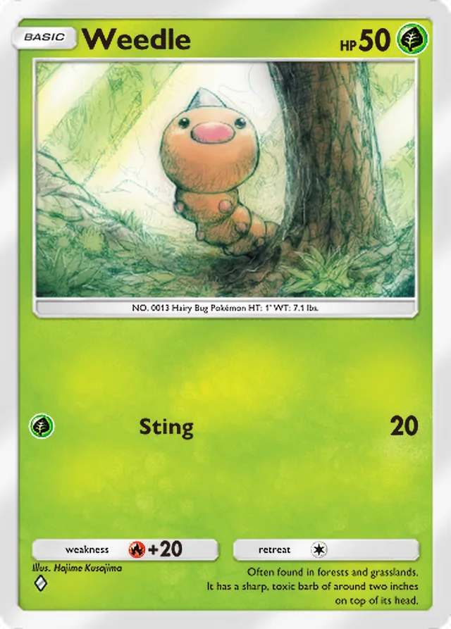 Weedle, Genetic Apex #008, Basic Grass Pokémon, illustrated by Hajime Kusajima