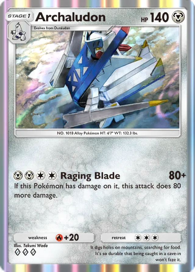 Archaludon, Ruler of the Skies #113, Stage 1 Metal Pokémon, illustrated by Takumi Wada