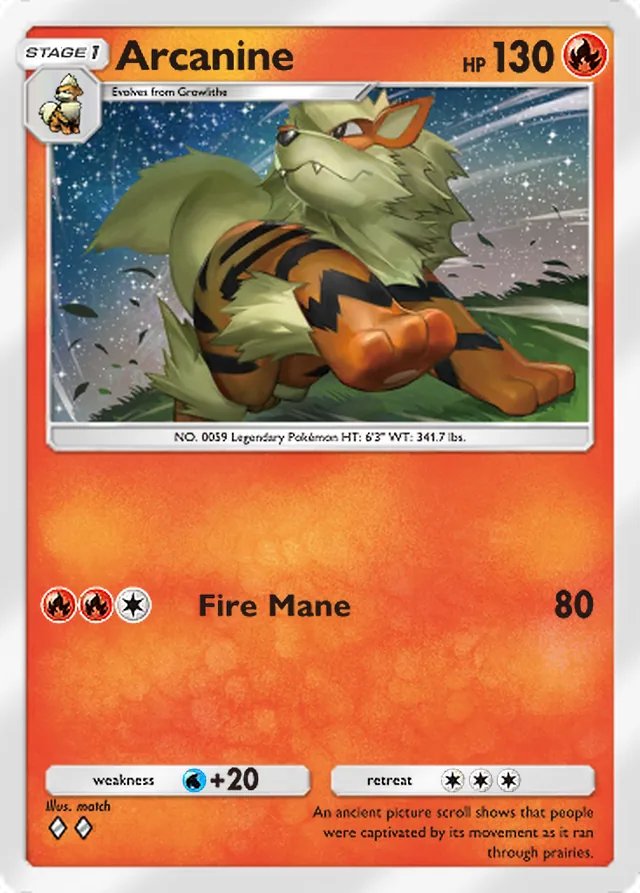 Arcanine, Celestial Guardians #026, Stage 1 Fire Pokémon, illustrated by match