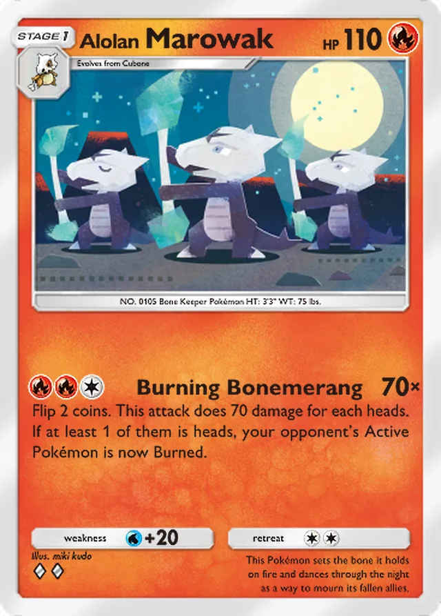 Alolan Marowak, Celestial Guardians #027, Stage 1 Fire Pokémon, illustrated by miki kudo