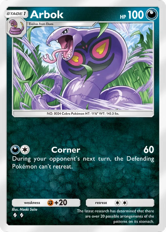 Arbok, Genetic Apex #165, Stage 1 Darkness Pokémon, illustrated by Naoki Saito