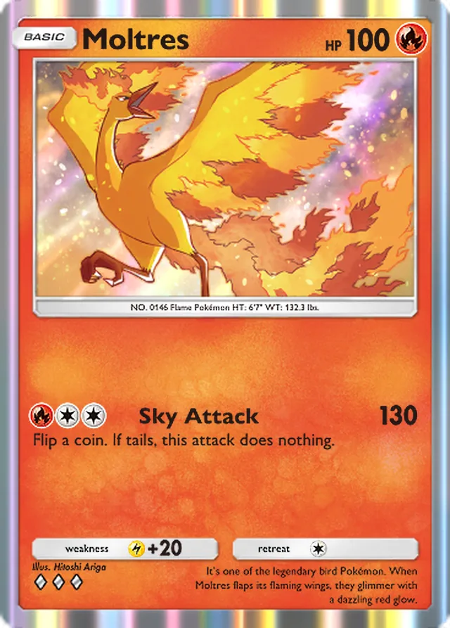 Moltres, Genetic Apex #046, Basic Fire Pokémon, illustrated by Hitoshi Ariga
