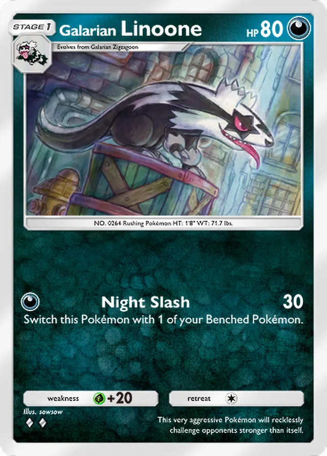Galarian Linoone, Ruler of the Skies #096, Stage 1 Darkness Pokémon, illustrated by sowsow