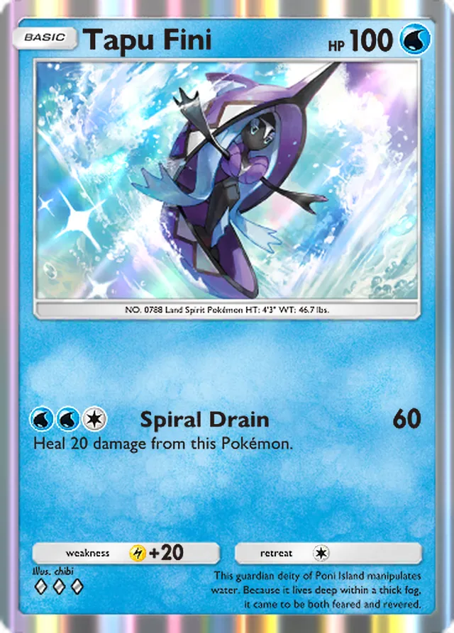 Tapu Fini, Celestial Guardians #056, Basic Water Pokémon, illustrated by chibi