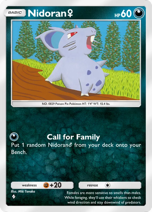 Nidoran♀, Genetic Apex #166, Basic Darkness Pokémon, illustrated by Miki Tanaka