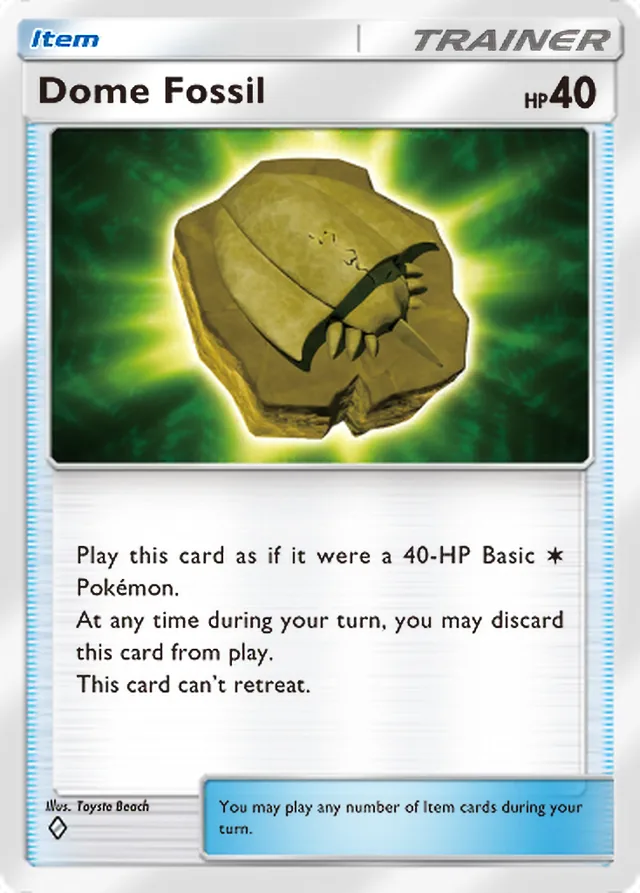 Dome Fossil, Genetic Apex #217, Trainer card, illustrated by Toyste Beach