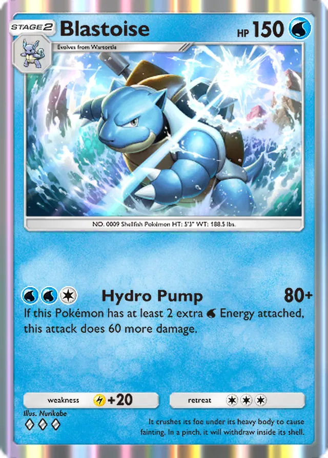 Blastoise, Genetic Apex #055, Stage 2 Water Pokémon, illustrated by Nurikabe