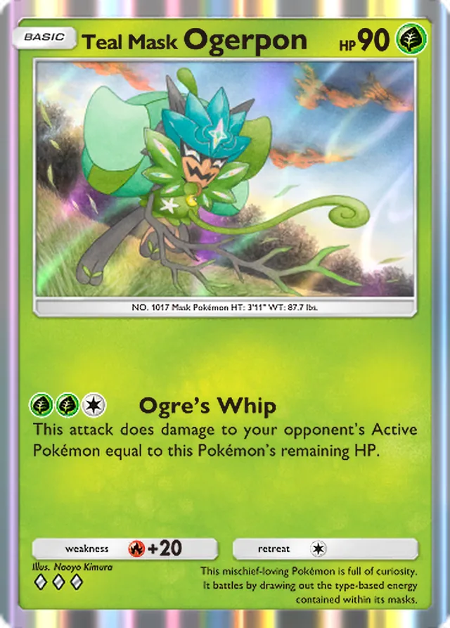 Teal Mask Ogerpon, Ruler of the Skies #019, Basic Grass Pokémon, illustrated by Naoyo Kimura