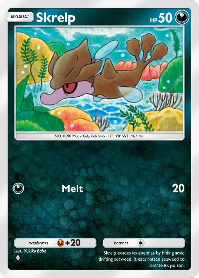 Skrelp, Secluded Springs #053, Basic Darkness Pokémon, illustrated by Yukiko Baba
