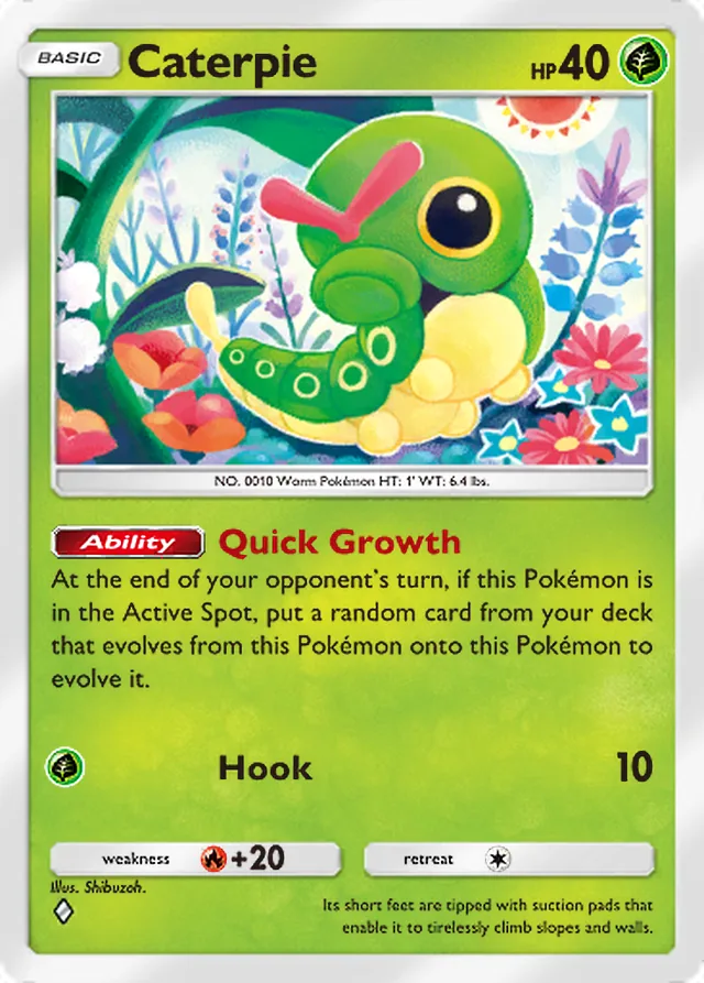 Caterpie, Everyday Wonders #001, Basic Grass Pokémon, illustrated by Shibuzoh.