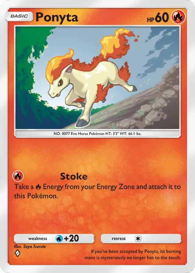 Ponyta, Ruler of the Skies #020, Basic Fire Pokémon, illustrated by Saya Tsuruta