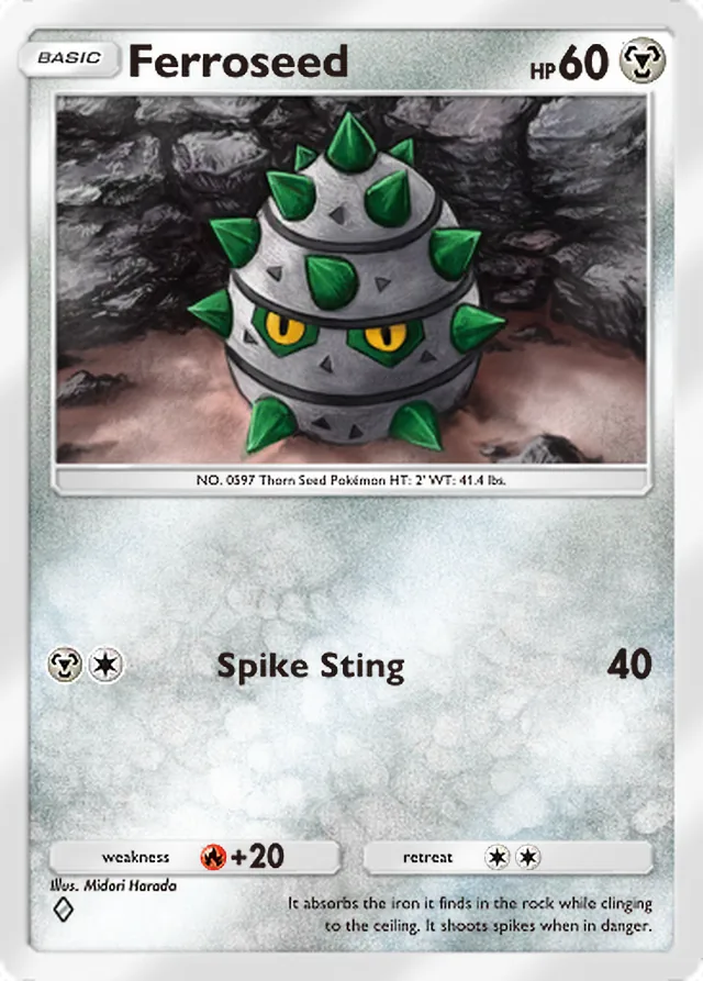 Ferroseed, Extradimensional Crisis #051, Basic Metal Pokémon, illustrated by Midori Harada