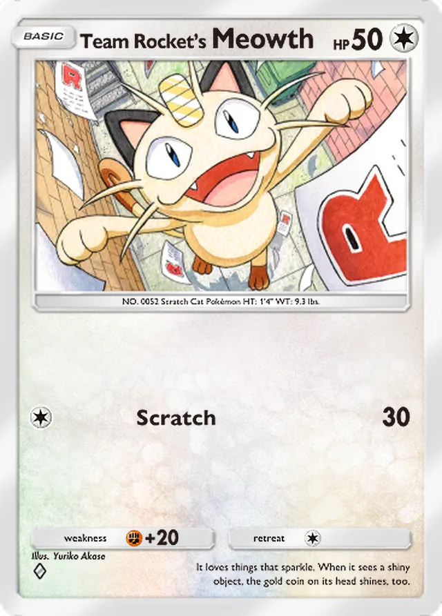 Team Rocket’s Meowth, Team Rocket’s Ambition #060, Basic Colorless Pokémon, illustrated by Yuriko Akase