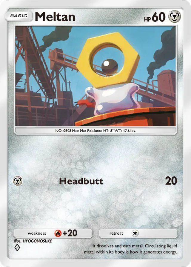 Meltan, Eevee Grove #049, Basic Metal Pokémon, illustrated by HYOGONOSUKE