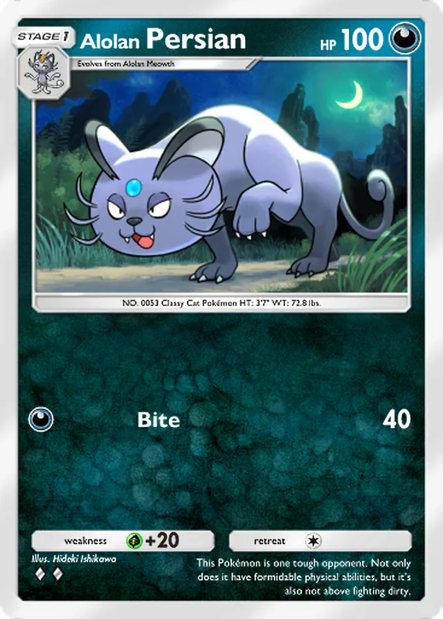 Alolan Persian, Fantastical Parade #095, Stage 1 Darkness Pokémon, illustrated by Hideki Ishikawa