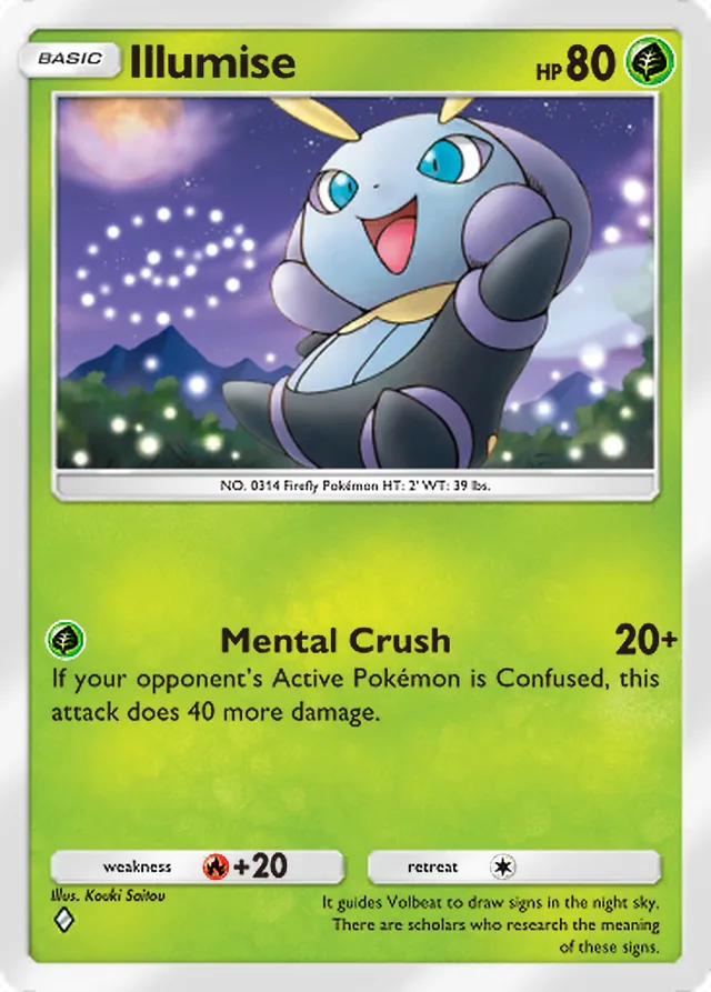 Illumise, Mega Shine #004, Basic Grass Pokémon, illustrated by Kouki Saitou